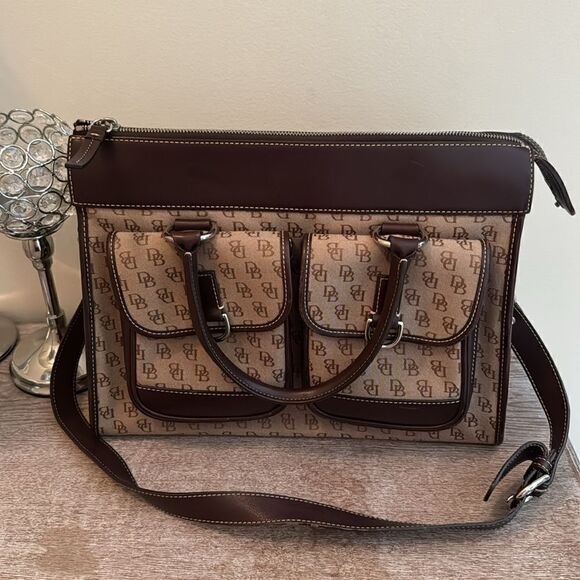 Dooney & Bourke Double Pocket Canvas Tote with Leather Trim- Tan/Brown - Picture 2 of 16